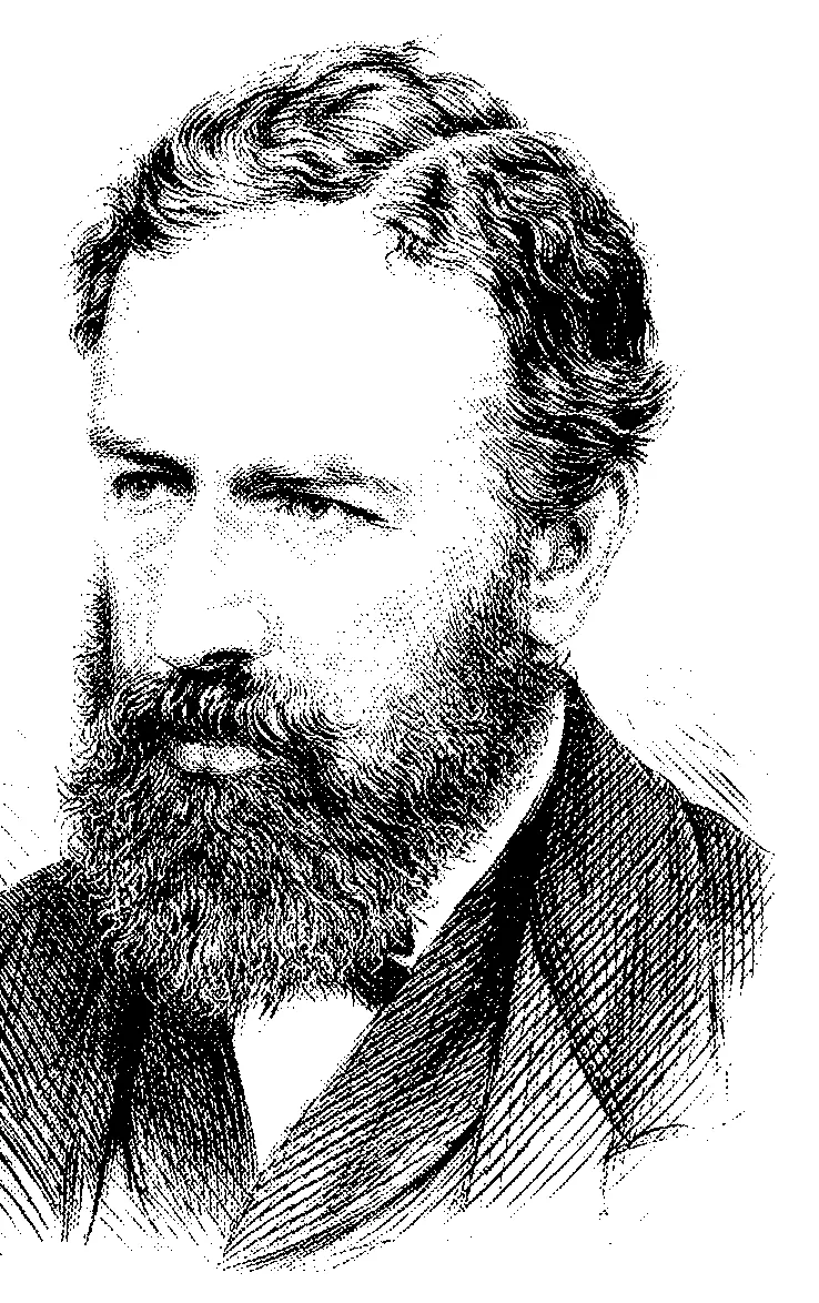 William Stanley Jevons, Stich von 1877, darunter eine grüne Treppe aus 307 kleinen Jevons-Köpfen, die Kennung M01 und sein Satz aus The Coal Question