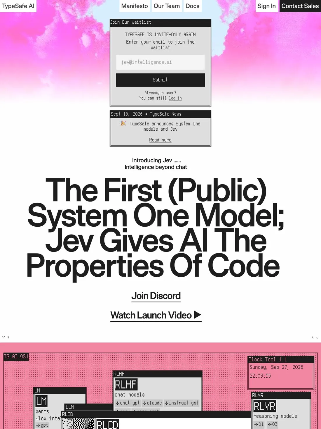 Die Seite von TypeSafe: „The First (Public) System One Model; Jev Gives AI The Properties Of Code“