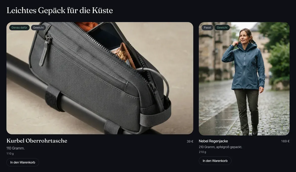 Die ersten Produkte: Kurbel Oberrohrtasche, 110 Gramm, und Nebel Regenjacke, 210 Gramm