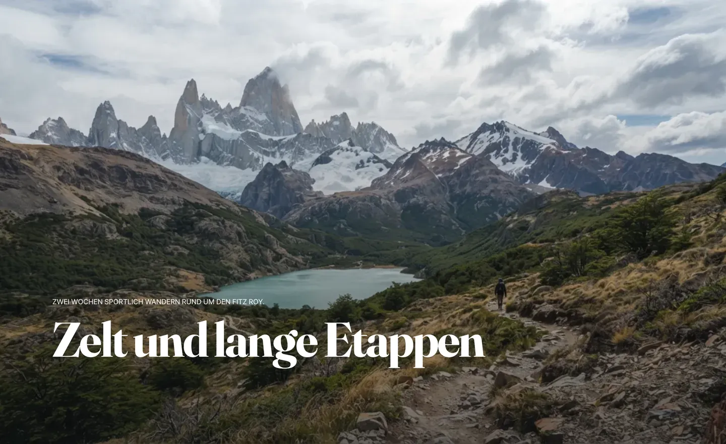 Die erzeugte Seite: ein Wanderweg über einem See, dahinter der Fitz Roy, darüber in fetter Schrift „Zelt und lange Etappen“