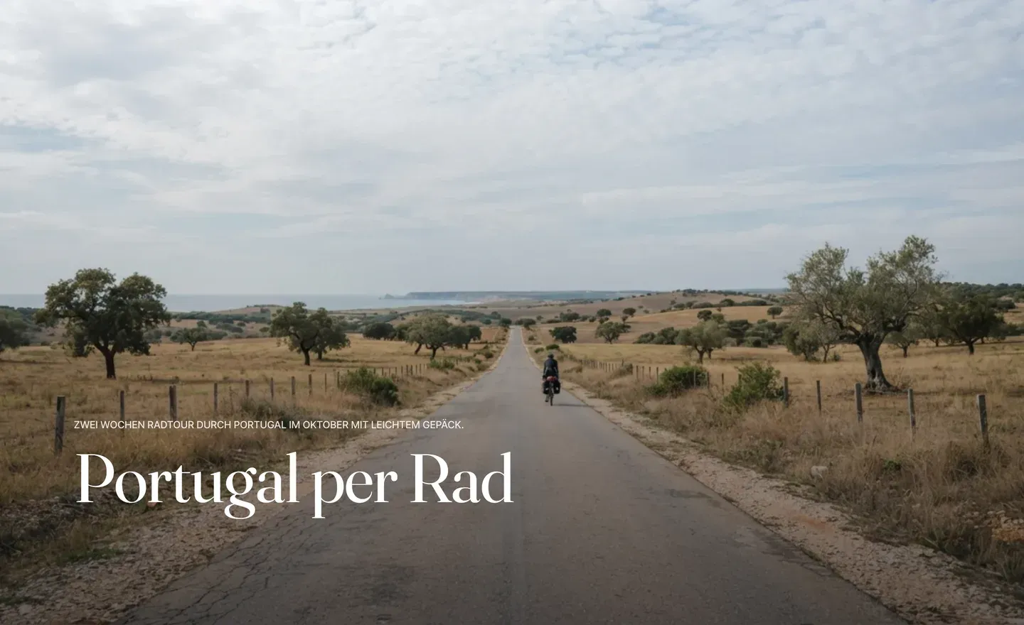 Die erzeugte Seite: eine Landstraße durch das Alentejo, ein Radfahrer mit Packtaschen, darüber die Überschrift „Portugal per Rad“