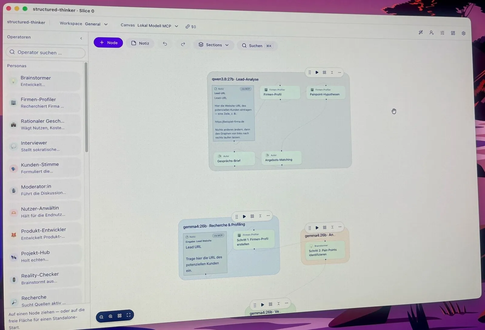 neusta think! auf dem Bildschirm: eine Canvas mit Knoten in Sektionen, links die Leiste der Personas